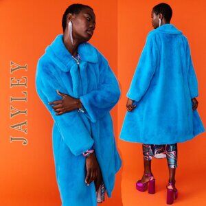💋STUNNING!💋JAYLEY Luxurious Faux Rabbit Rex Fur Midi Coat in Azul Blue